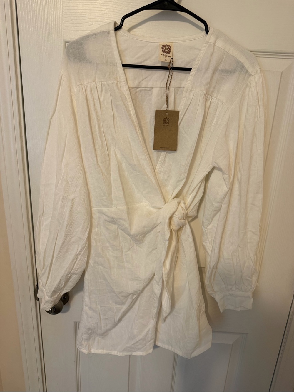 ELF handmade 100% Linen White Wrap Tie Dress